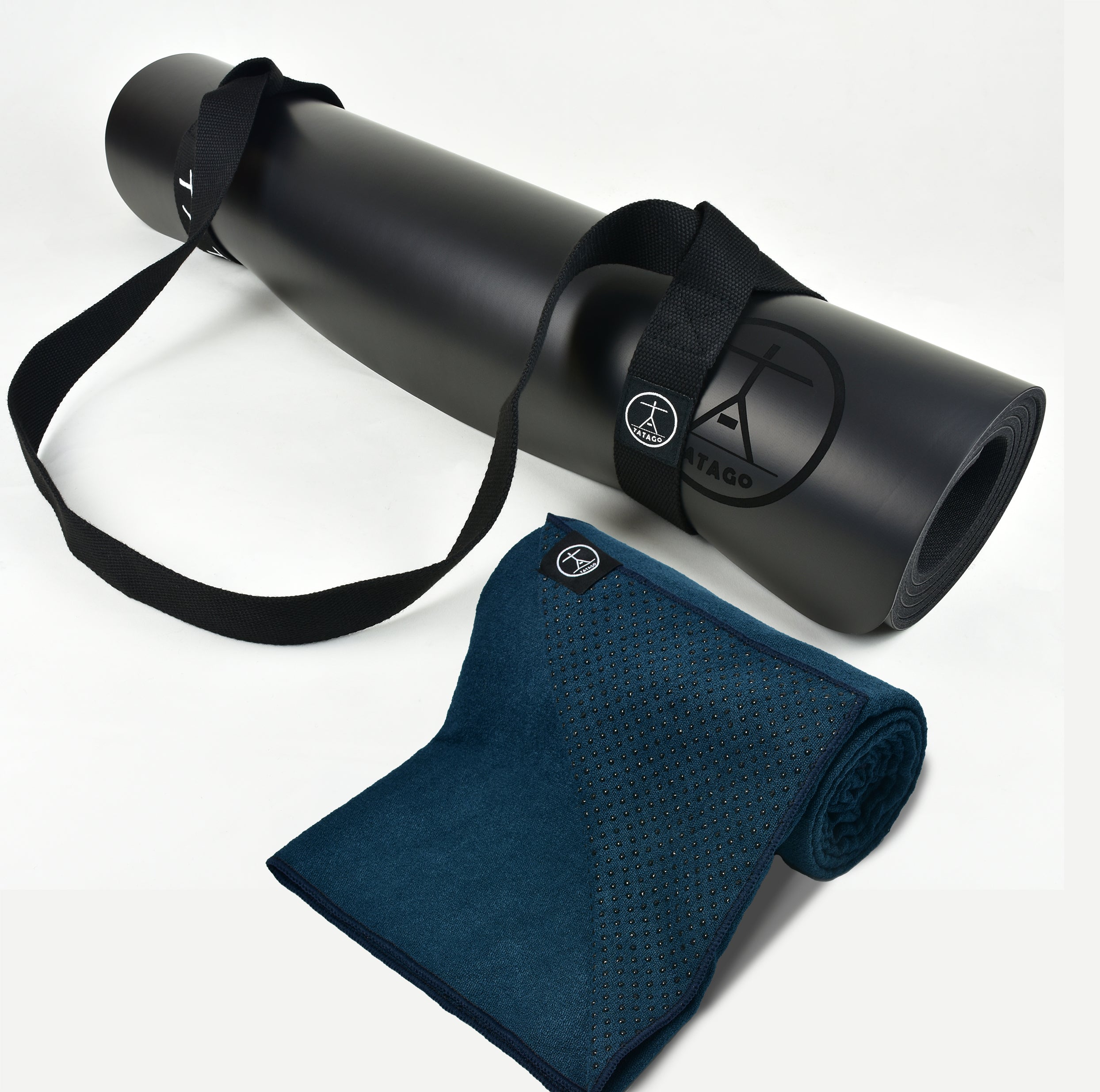 Non-slip rubber yoga mat with a silicone-grip yoga mat towel shown together as a hot yoga towel mat setup for Bikram, heated Pilates, and moisture-heavy workouts.