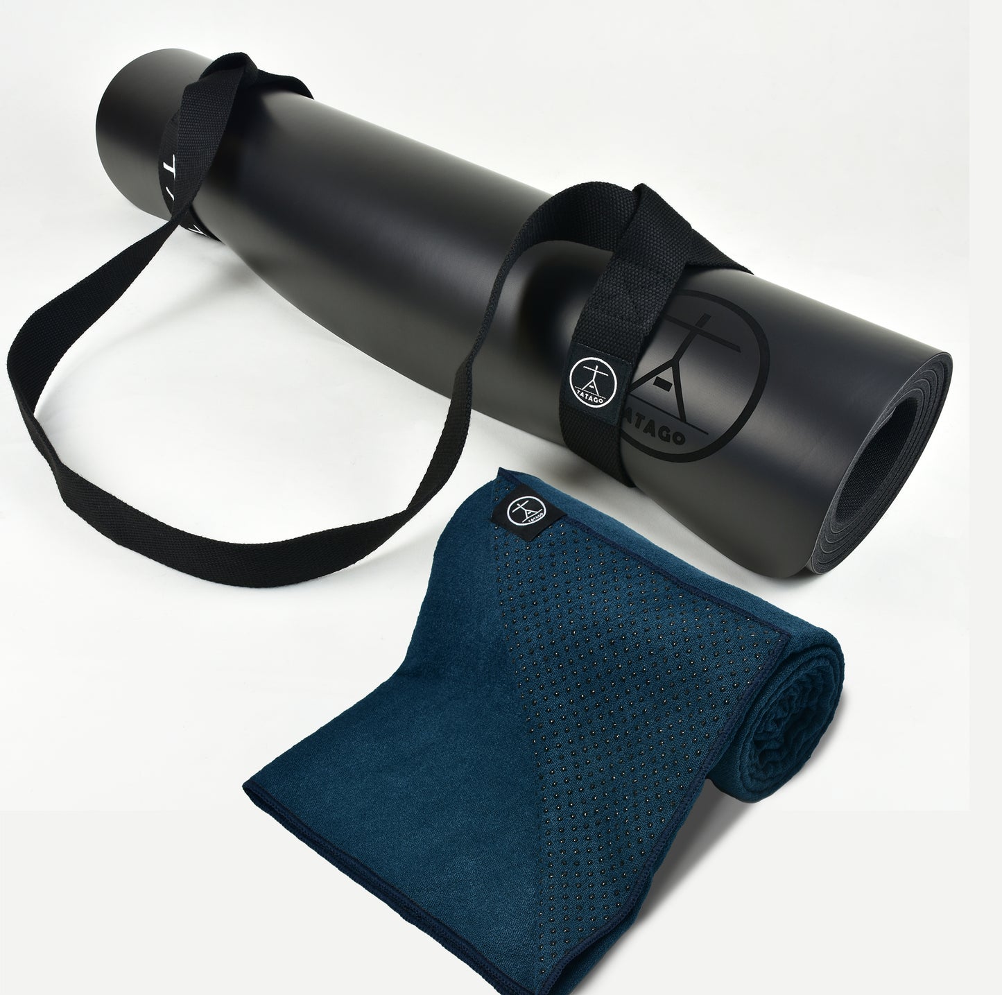 Non-slip rubber yoga mat with a silicone-grip yoga mat towel shown together as a hot yoga towel mat setup for Bikram, heated Pilates, and moisture-heavy workouts.