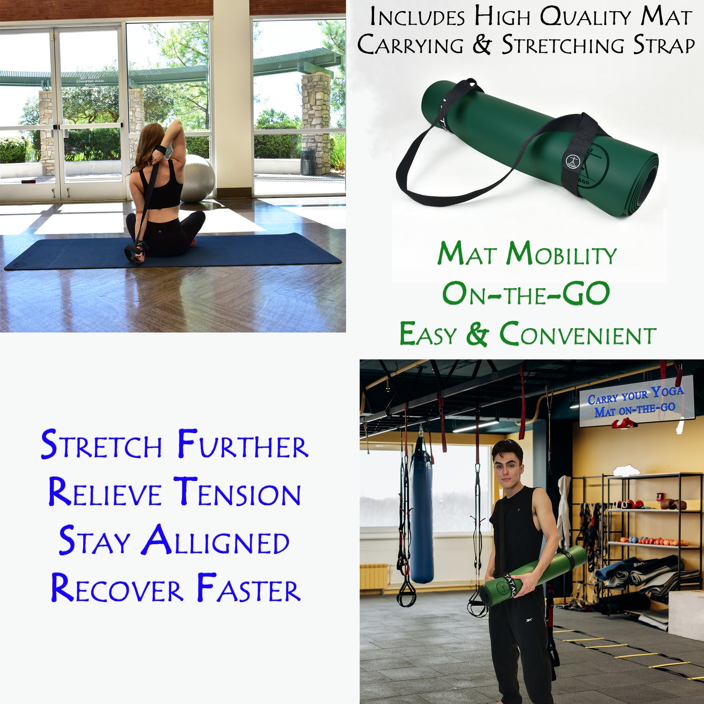 Yoga mat strap and stretching strap shown with mat for easy transport, alignment work, and mobility training at home or in the studio.