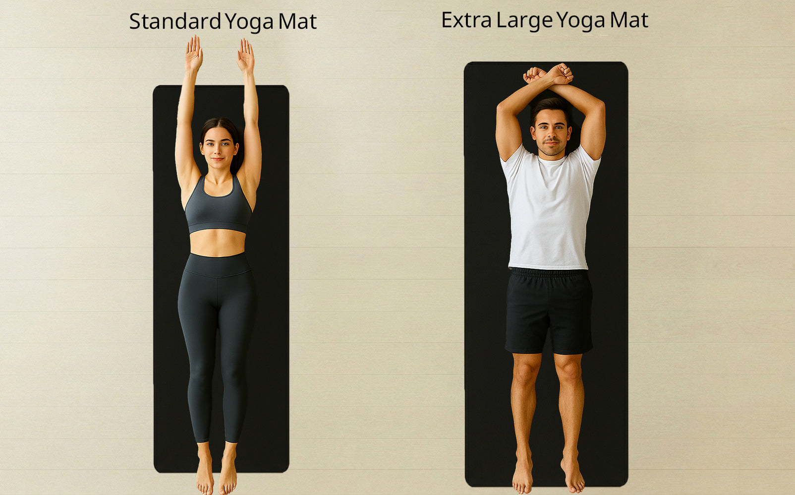 standard vs extra large yoga mat comparison showing full body coverage on larger mat