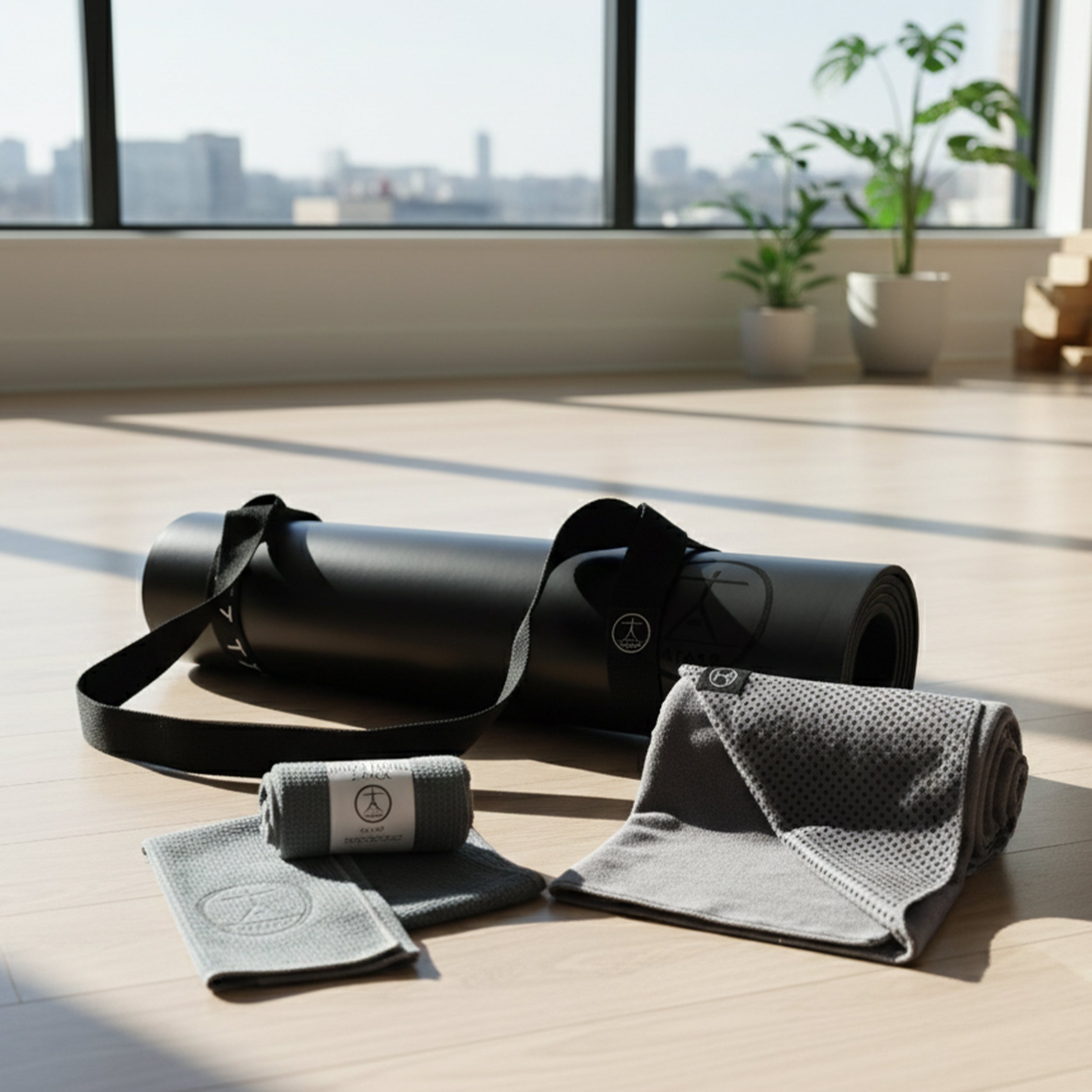 Natural rubber yoga mat with yoga mat towel, sweat towels, and strap displayed in a sunlit studio, showing a complete hot yoga set for Pilates and Bikram practice.