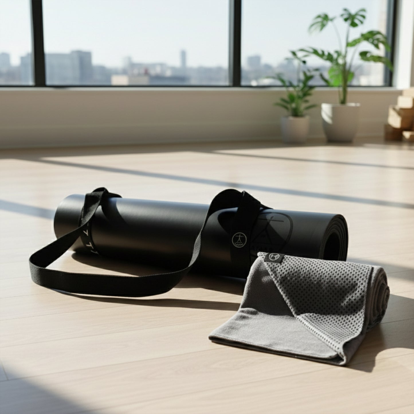 Rubber yoga mat with strap placed next to a microfiber yoga towel in a bright home studio