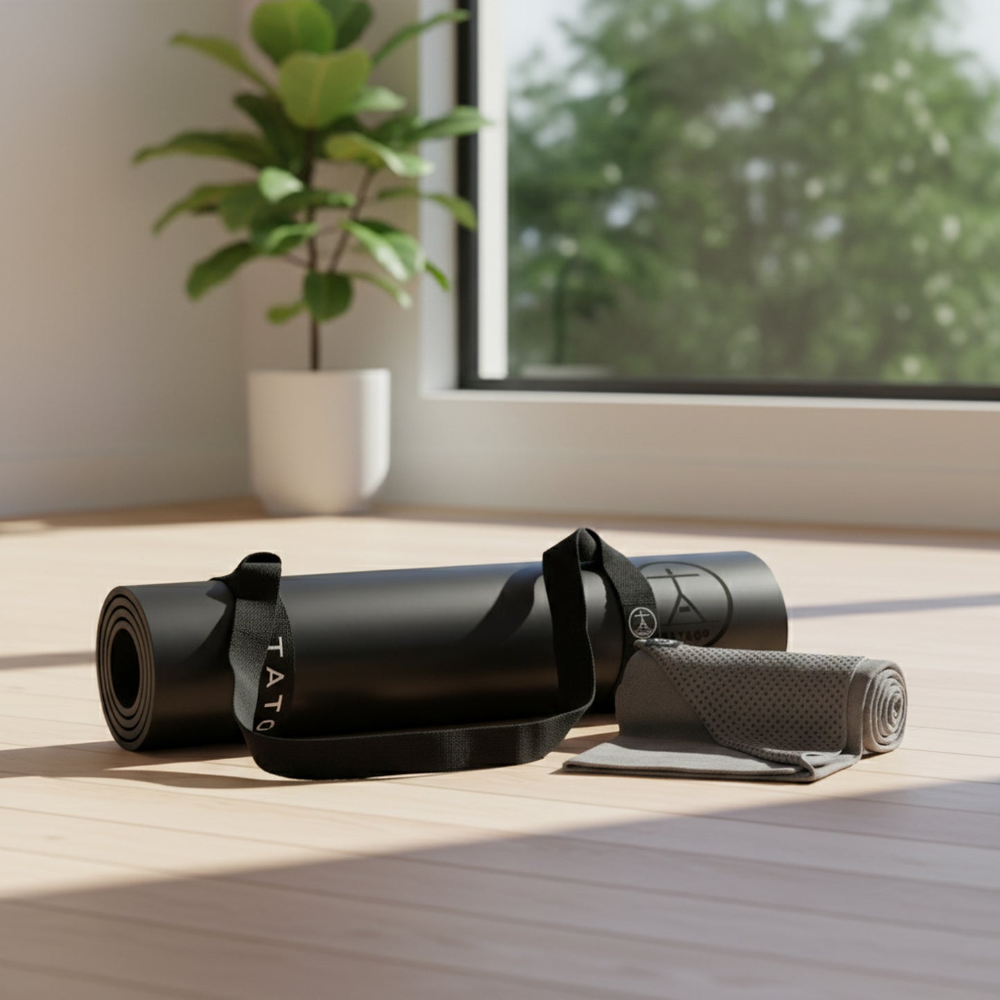 Rubber yoga mat with strap placed next to a microfiber yoga towel in a bright home studio, showing a natural rubber yoga mat and towel setup for hot yoga and Pilates.