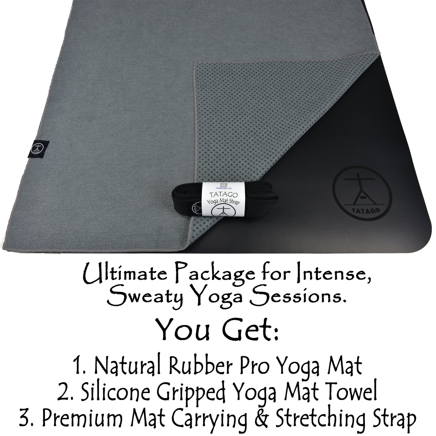 Natural rubber yoga mat with a microfiber yoga mat towel and yoga strap displayed together as a complete hot yoga mat and towel set for Bikram, Pilates, and heated workouts.