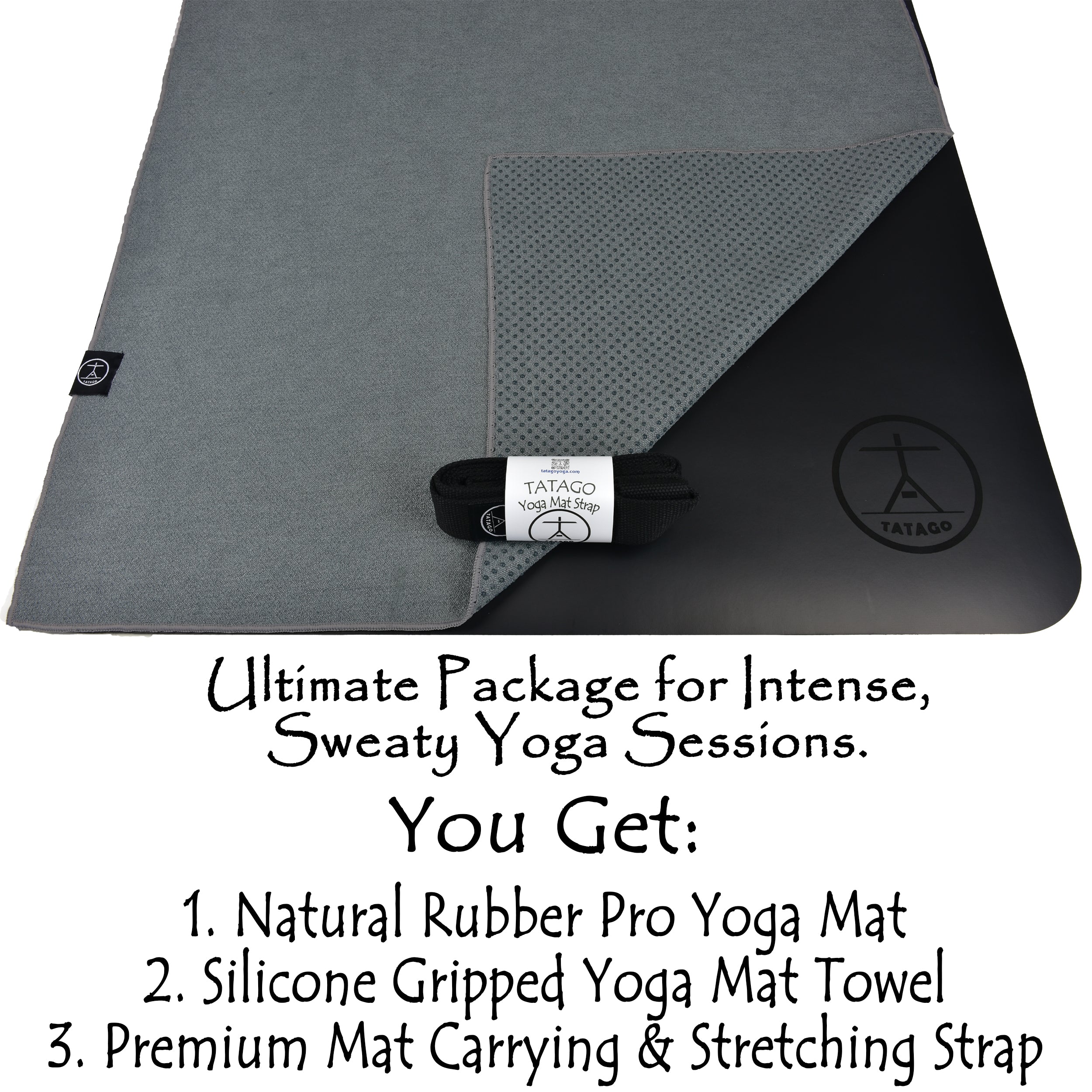 Yoga mat with silicone-grip towel and yoga strap arranged as a full yoga mat and towel set for hot yoga, warm flow, and exercise-at-home training.